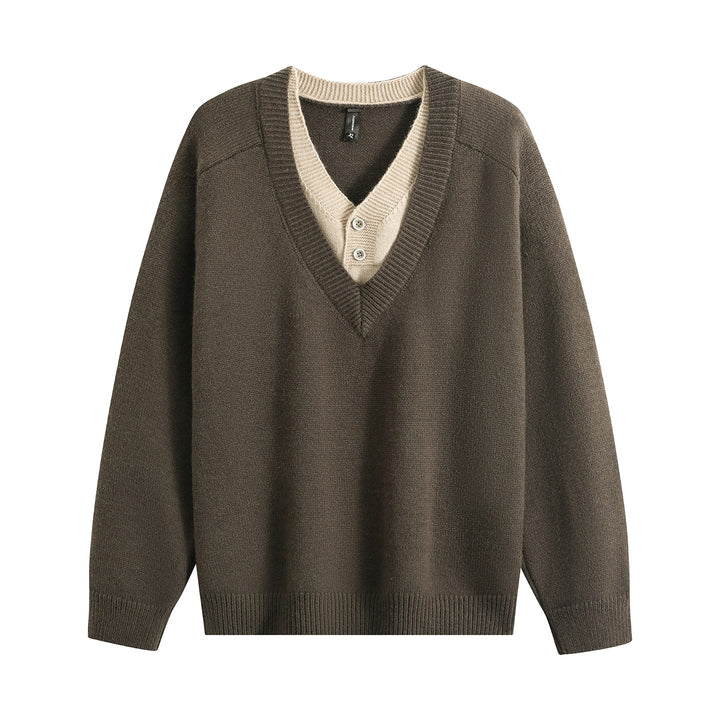 Unisex Oversize V‑Neck Strickpullover mit eingearbeiteter Henley-Optik Drune