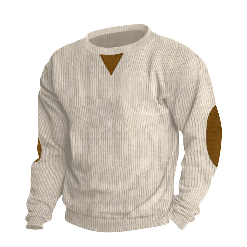 Herren nan gerippter Strickpullover mit Rundhalsausschnitt Ellbogen-Patches und Zierdreieck Drune