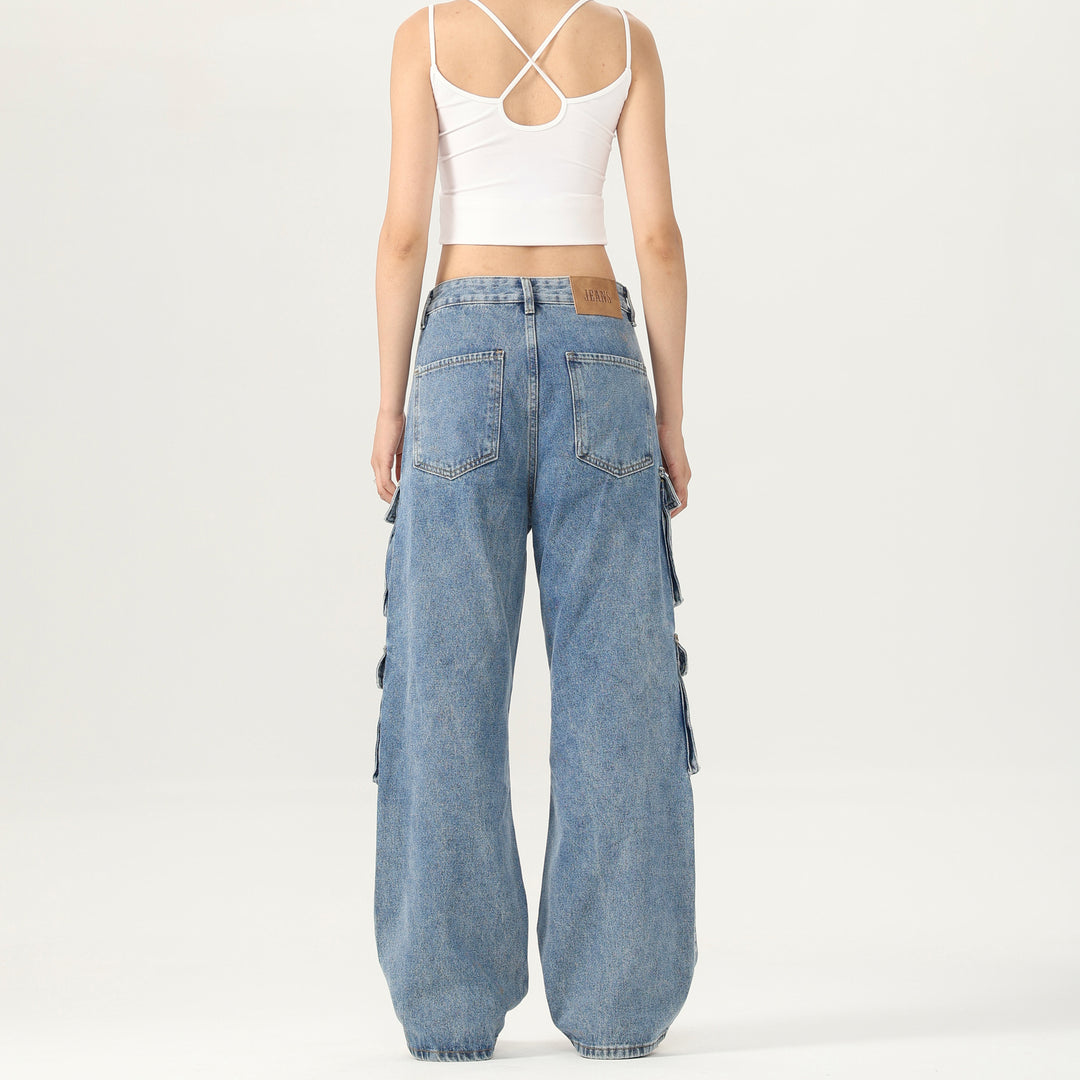 Damen Weite Cargo-Denimhose mit mehreren Klappentaschen und Baggy‑Silhouette Drune