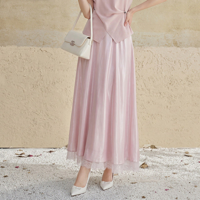 Damen nan ausgestellter Satin-Midirock mit feiner Spitzenunterlage und nahtlosem Taillenbund Drune