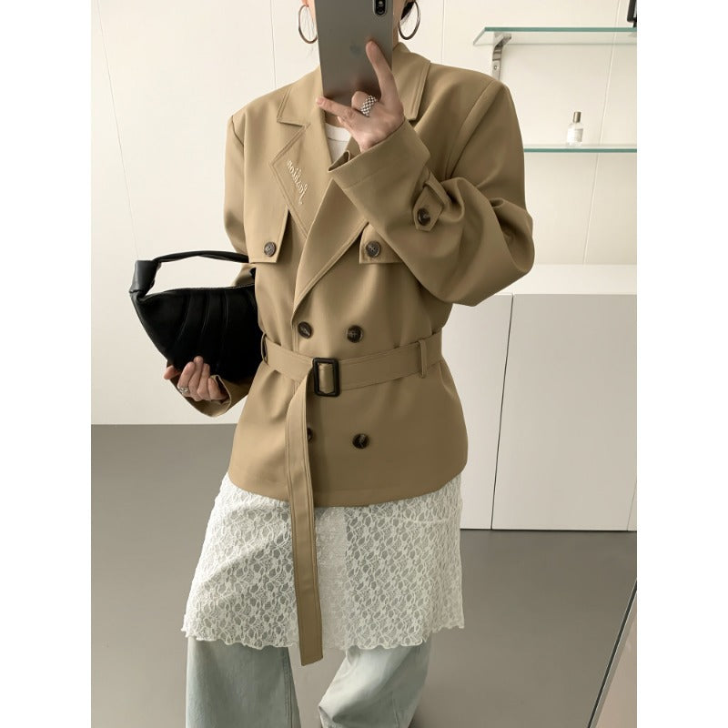 Damen Kurztrenchjacke mit taillierendem Bindegürtel und voluminösen Ballonärmeln Drune