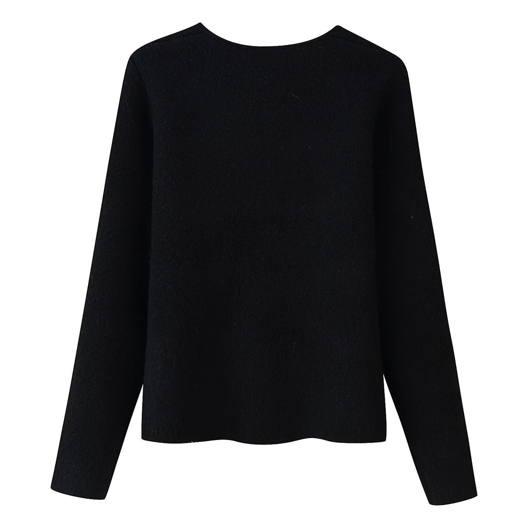 Damen Eleganter Kurzcardigan aus Bouclé‑Strick mit tiefem V‑Ausschnitt und dekorativer Schmuckknopfleiste Drune