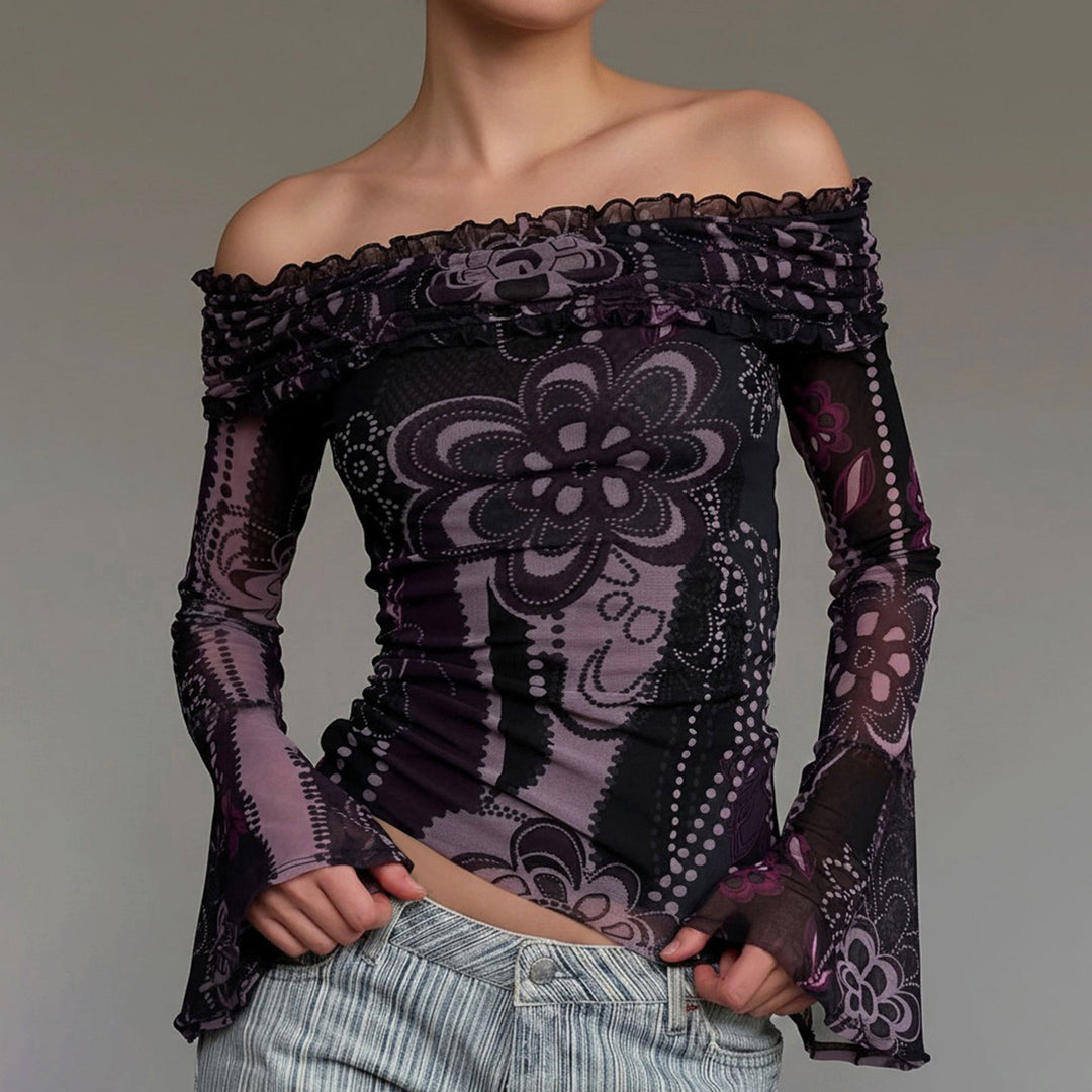 Damen Off-Shoulder Oberteil mit voluminösen Ärmeln und floralem Muster Drune