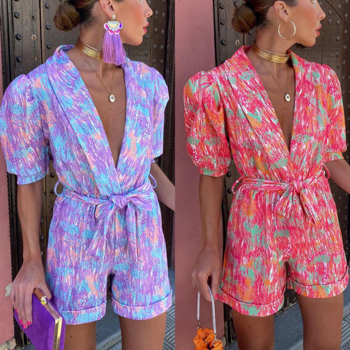 Damen modischer Jumpsuit mit modernen Puffärmeln und buntem Grafikdesign Drune