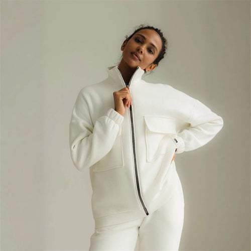 Damen sportlicher Fleece-Kapuzenpullover mit Reißverschluss und praktischen Taschen Drune