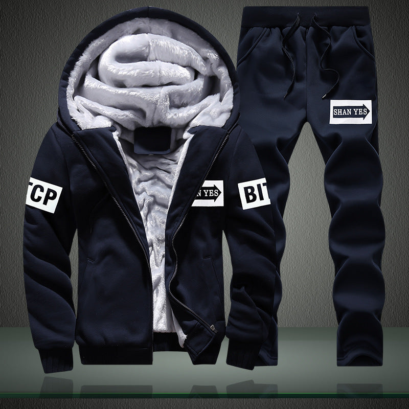 Herren warmes zweiteiliges Trainingsset mit Teddyfutter, Kapuzenjacke und Kordel-Jogginghose Drune