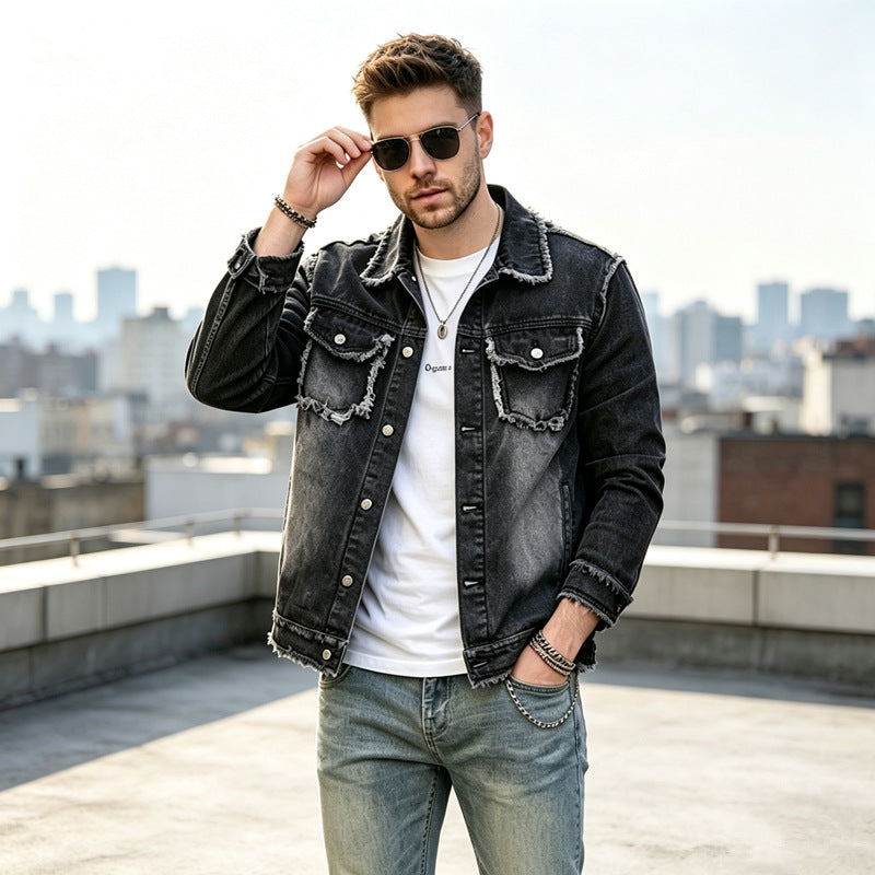 Herren Modische Jeansjacke mit Fransen Drune