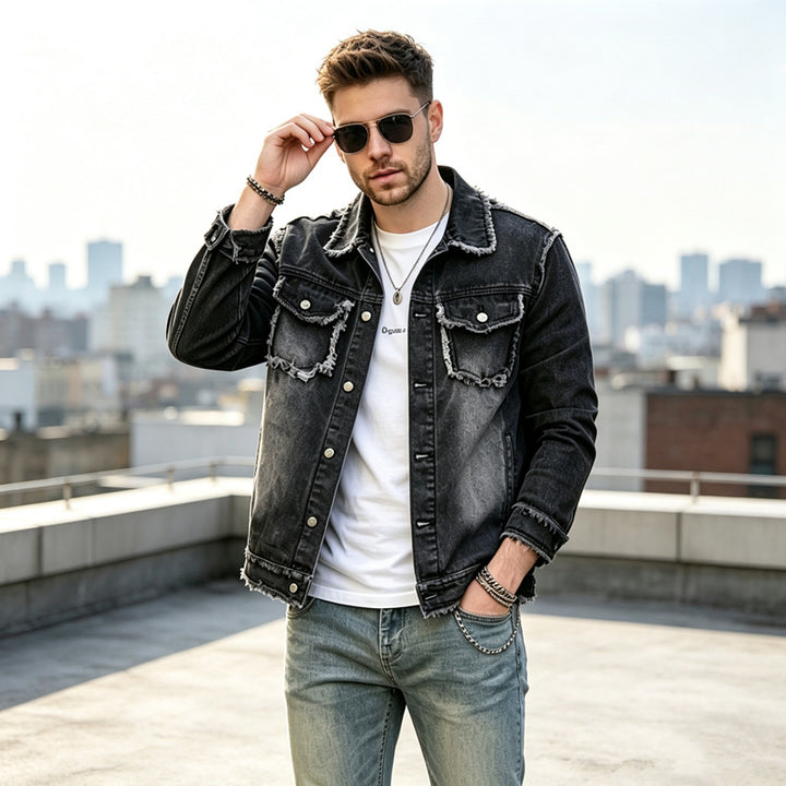 Herren Modische Jeansjacke mit Fransen Drune