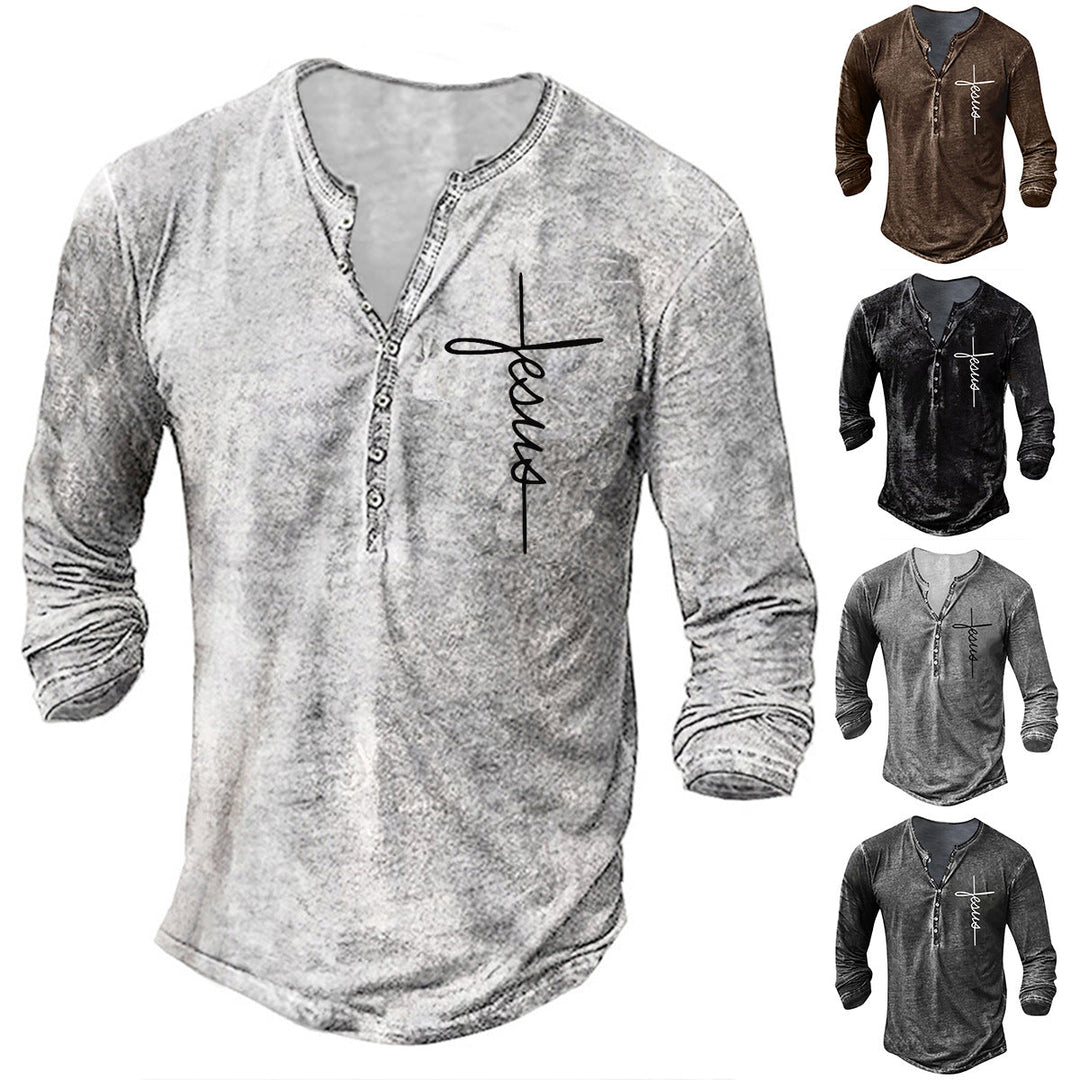 Herren Langarm Henley-Shirt mit kreativem Grafikdruck Drune