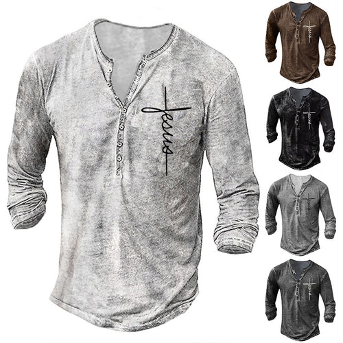 Herren Langarm Henley-Shirt mit kreativem Grafikdruck Drune