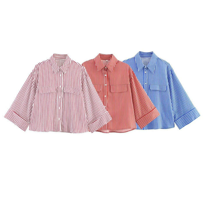 Damen gestreifte Bluse mit voluminösen Ärmeln und praktischen Taschen Drune