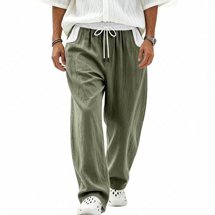 Herren Locker sitzende Leinen-Mischstoff Freizeithose mit Elastischem Tunnelzug und Seitentaschen Drune