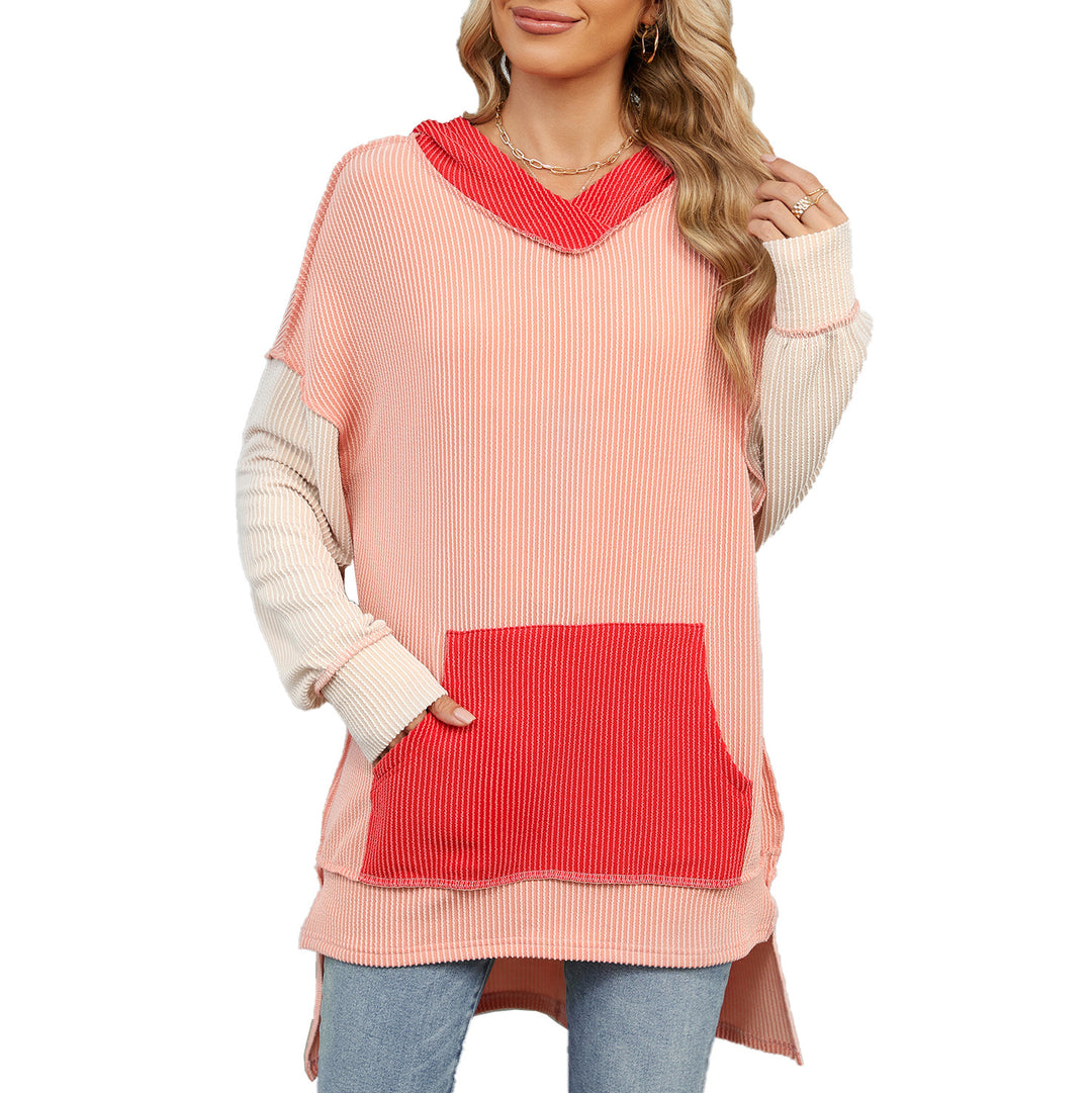 Damen lässiger Longpullover mit Kapuze und seitlicher Tasche Drune