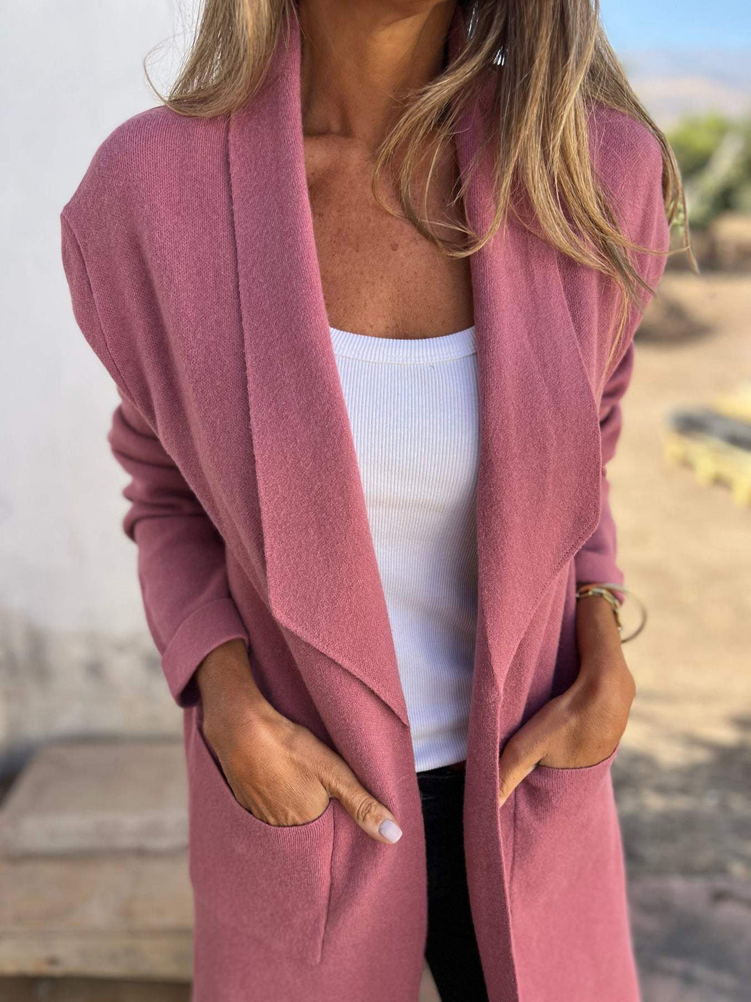Drune | Einfarbiger Langer Taschen Wollstrickjacke