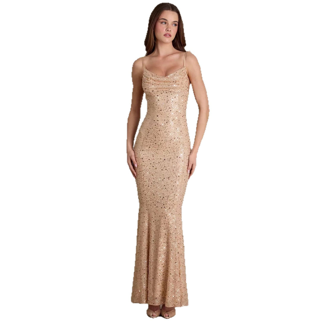 Damen elegantes Pailletten-Maxi-Kleid mit schickem Wasserfallausschnitt und figurbetonter Silhouette Drune