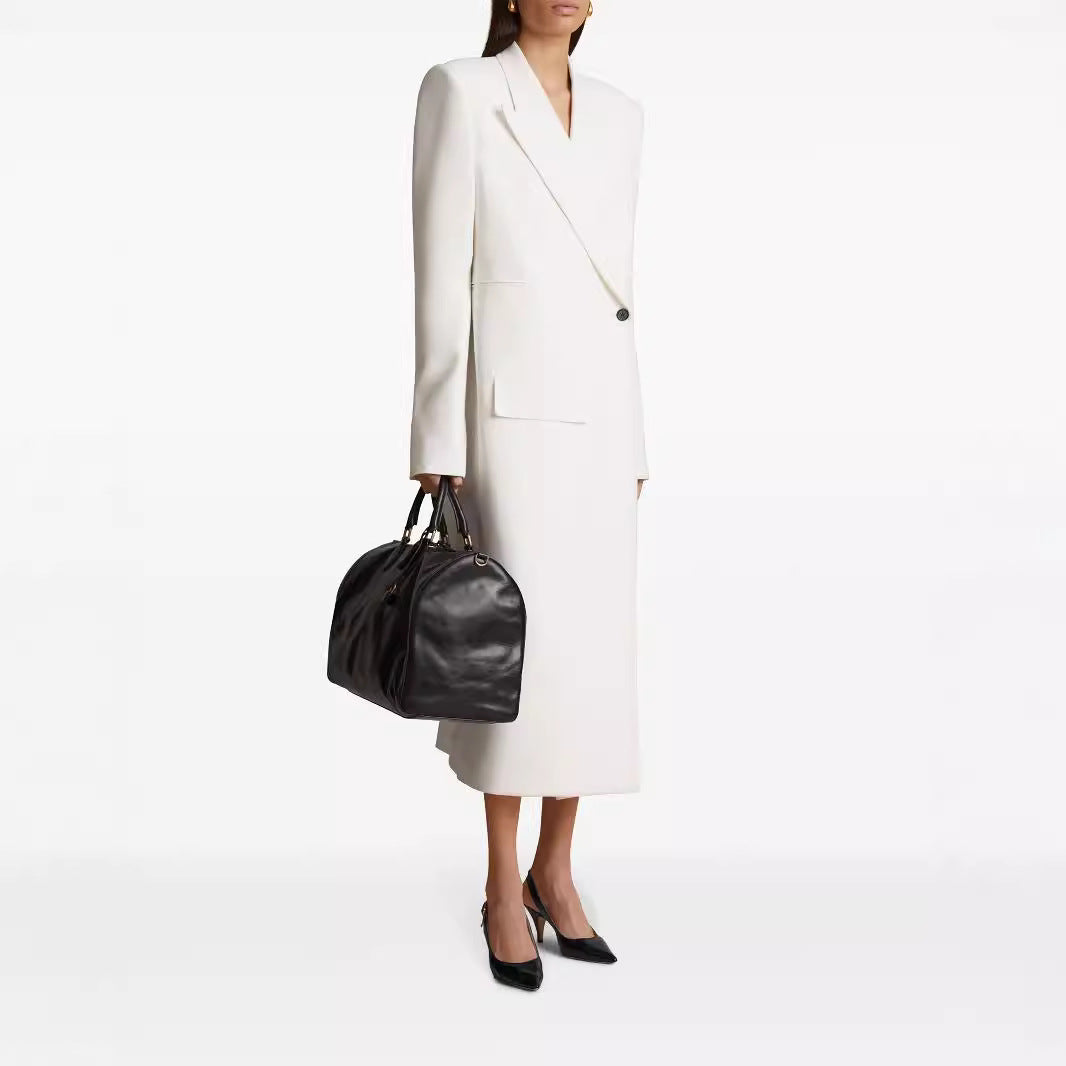 Damen Langes einreihiges Blazerkleid mit schlanker Silhouette und Pattentaschen Drune