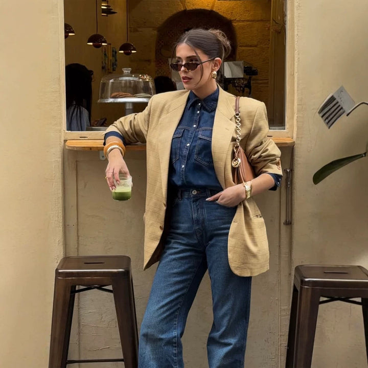 Damen Oversize Glencheck-Blazer im kastigen Boxy‑Schnitt mit markanter Schulterpartie Drune