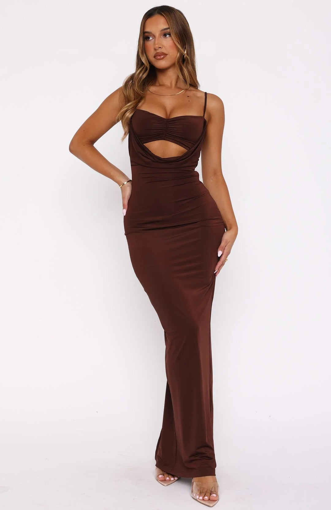 Damen Edles Maxikleid mit figurformendem Schnitt und raffiniertem Cut-Out Drune