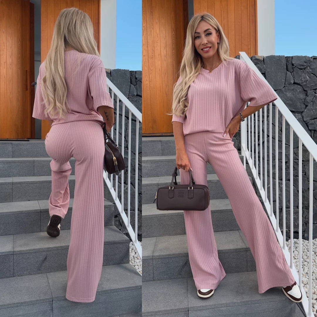 Damen weiches geripptes Lounge-Set mit Oversize-Viskoseshirt und High-Waist Schlaghose Drune