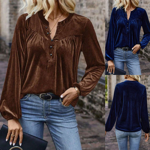 Damen Samtbluse mit Knopf‑Henley, geraffter Brustpasse und lockerer Passform Drune