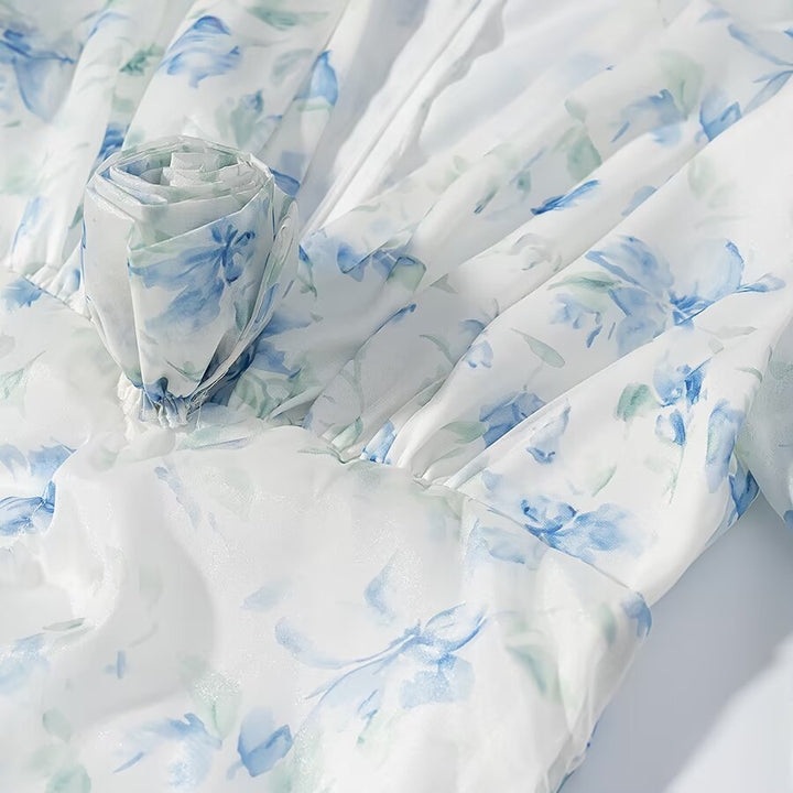 Damen gerafftes Minikleid mit V-Ausschnitt, Rüschen und Blumenapplikation Drune