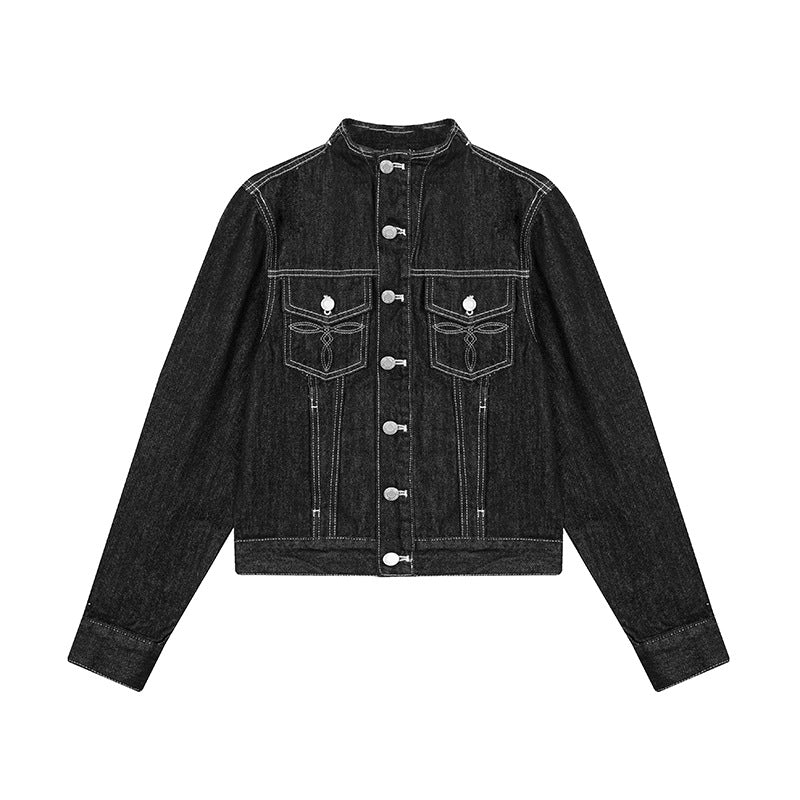 Damen Taillierte Jeansjacke mit Stehkragen, Ziernähten und Metallknopfverschluss Drune