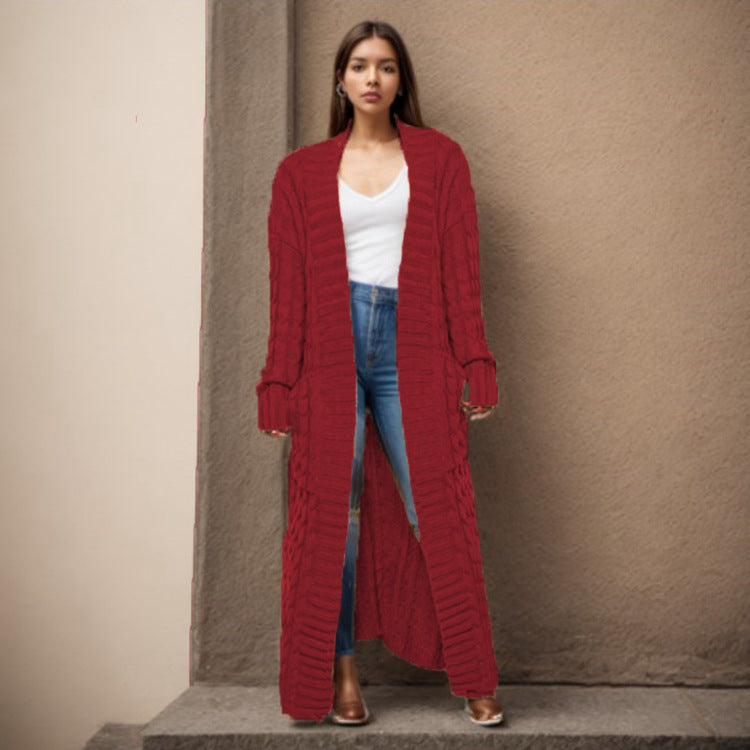 Damen Langer Strickcardigan mit strukturiertem Zopfmuster und praktischen Taschen Drune