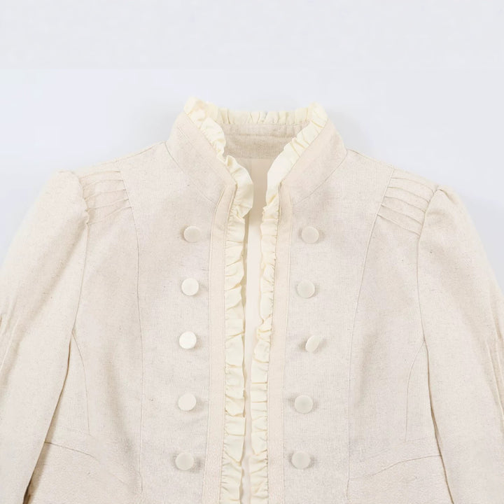 Damen Cropped Jacke mit taillierter Silhouette, Stehkragen und Rüschenblende Drune