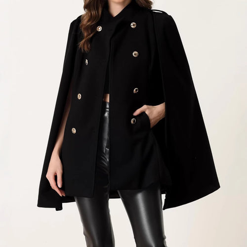 Damen Kurzcape-Mantel aus Wollmix mit Doppelreiher Schulterriegeln und Arm-Schlitzen Drune