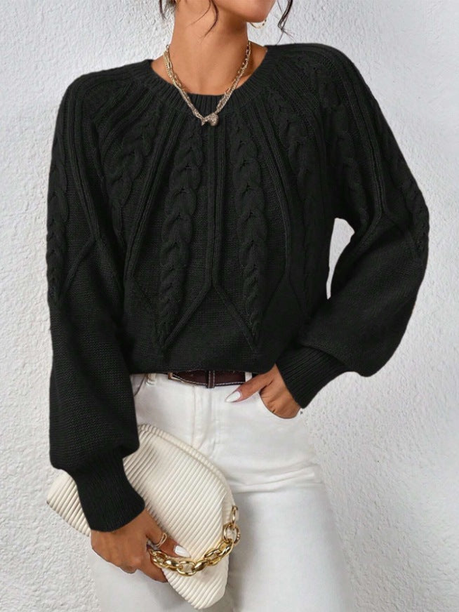 Damen nan kurzer Zopfmuster-Strickpullover mit Ballonärmeln und geripptem Saum Drune