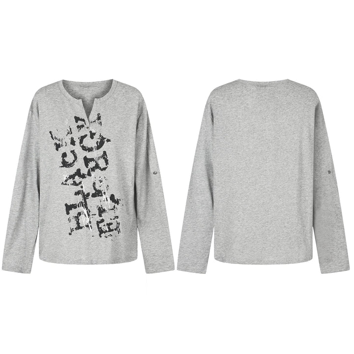 Damen Lässiges Langarmshirt mit Notch‑Ausschnitt, Oversize‑Silhouette und Druckgrafik Drune