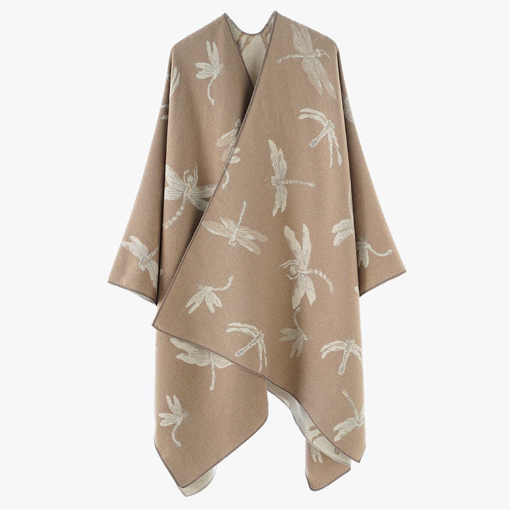 Damen Oversize-Cape aus feinem Jaquardstrick mit Libellenmotiv und reversibler Wolloptik Drune