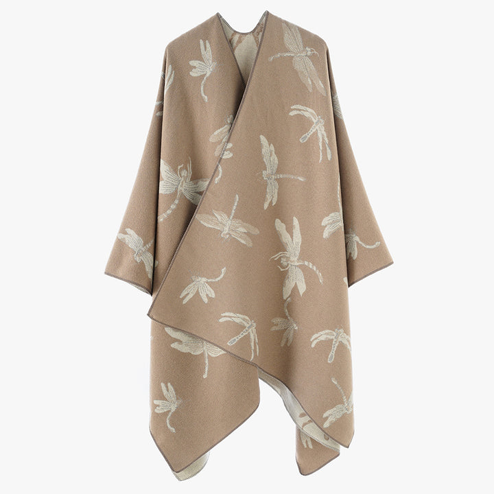 Damen Oversize-Cape aus feinem Jaquardstrick mit Libellenmotiv und reversibler Wolloptik Drune