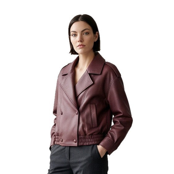 Damen Boxy-Lederimitat-Blouson mit strukturierter Narbung, doppelreihiger Knopfleiste & elastischem Saum Drune