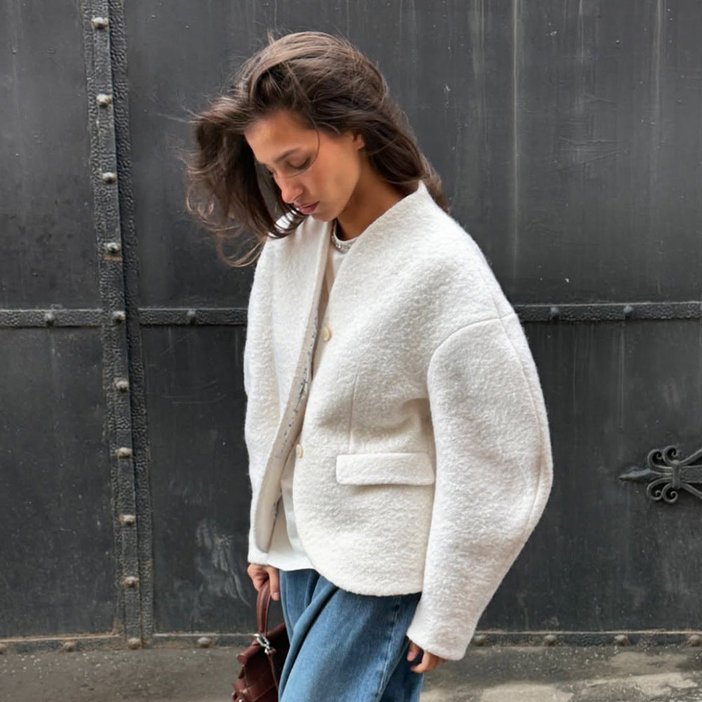 Damen Trendige Boucle-Jacke mit überschnittenen Schultern und Knopfverschluss Drune