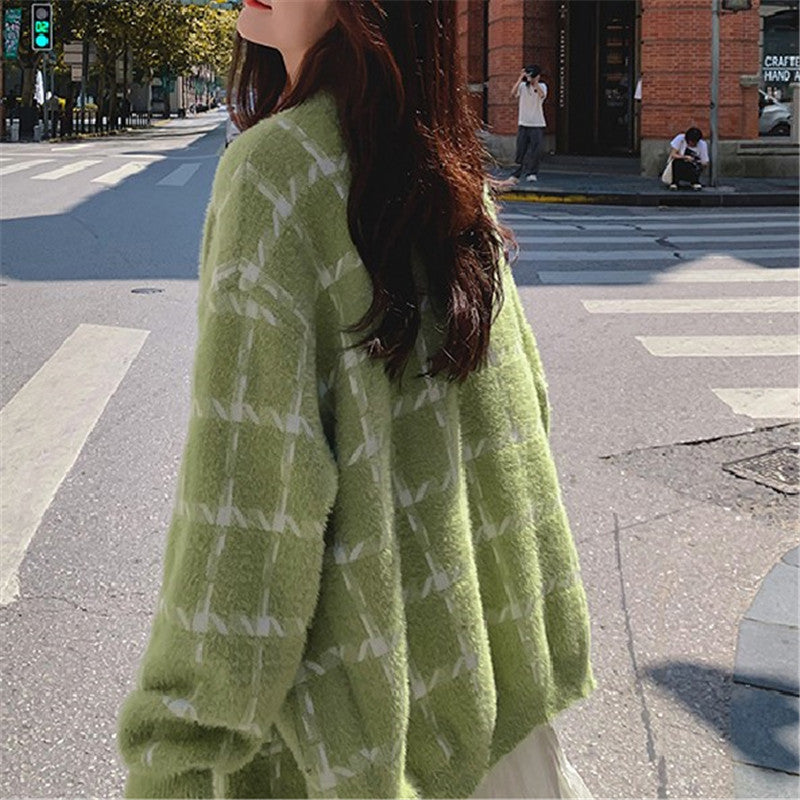 Damen gemütlicher Karostrickcardigan mit lässigem Schnitt und aufgesetzten Taschen Drune