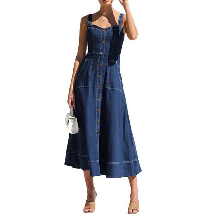 Damen Langes Denim-Kleid mit Knopfleiste und Taschen Drune