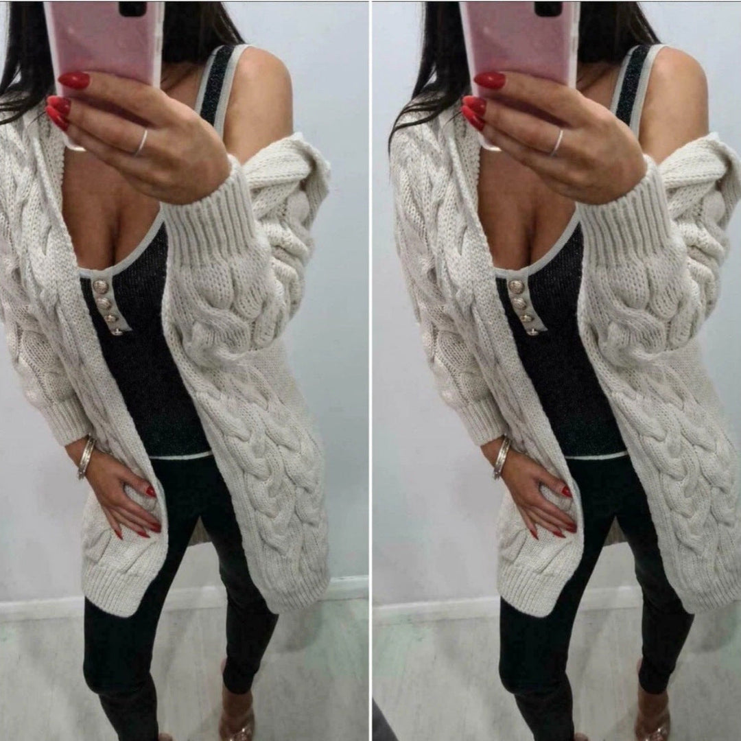 Damen lange Strickjacke mit Kapuze und Zopfdesign Drune