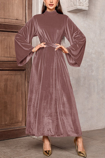 Damen Maxikleid aus Samt mit Stehkragen, weitem Glockenärmel und Taillengürtel Drune