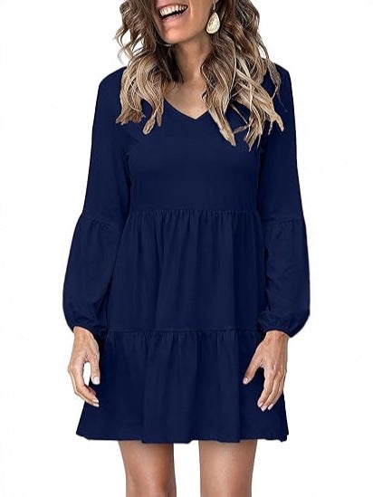 Damen Stufiges Mini-Kleid mit V-Ausschnitt und Ballonärmeln Drune