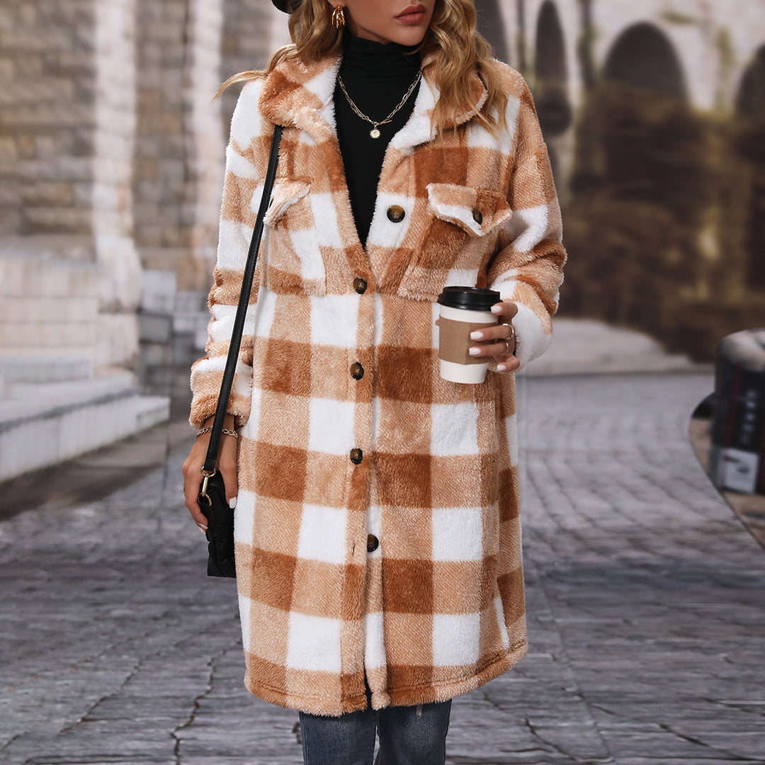 Damen Plüsch-Winterjacke mit kariertem Design und praktischen Taschen Drune