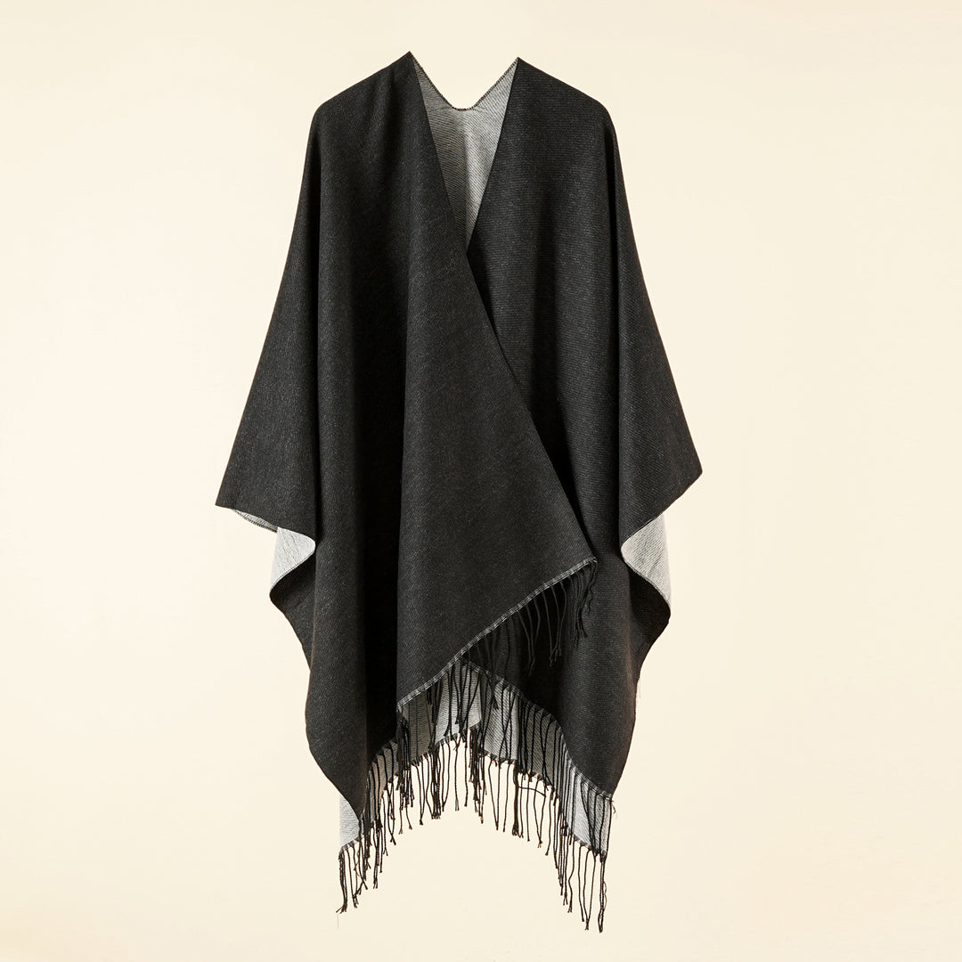 Damen Großer Ruana‑Poncho aus feinem Wollmix mit Fransen und offenem Fall Drune
