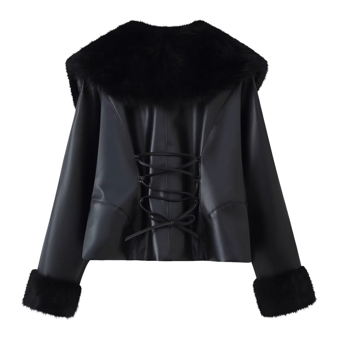 Damen Kurzjacke aus Kunstleder mit voluminösem Faux-Fur-Kragen und Fellmanschetten Drune