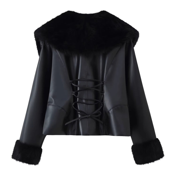 Damen Kurzjacke aus Kunstleder mit voluminösem Faux-Fur-Kragen und Fellmanschetten Drune
