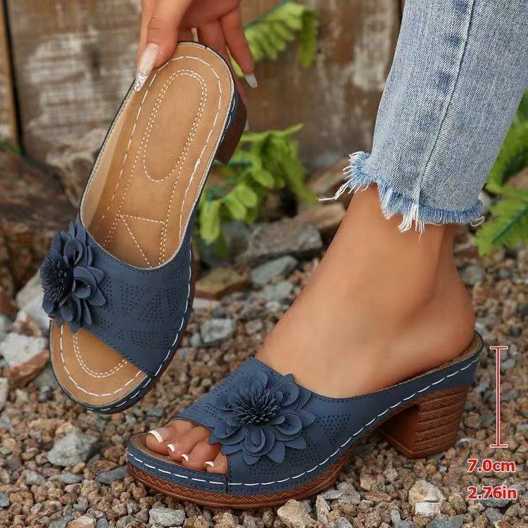 Damen Lederoptik-Peeptoe Mules mit Blütenapplikation und mittlerem Blockabsatz Drune