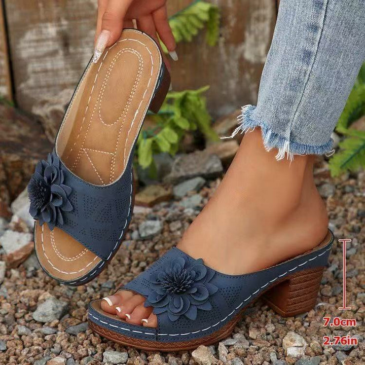 Damen Lederoptik-Peeptoe Mules mit Blütenapplikation und mittlerem Blockabsatz Drune