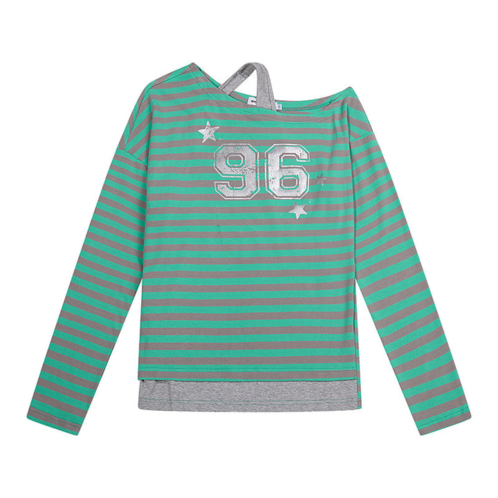 Damen Gestreiftes Langarmshirt mit asymmetrischem Ausschnitt, Lagenoptik und Metallic-Print Drune