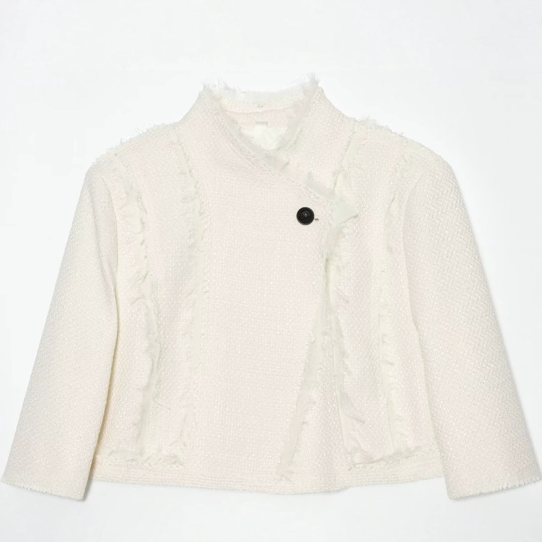Damen Bouclé-Shortjacke mit Fransenbesatz und asymmetrischem Ein-Knopf-Verschluss Drune