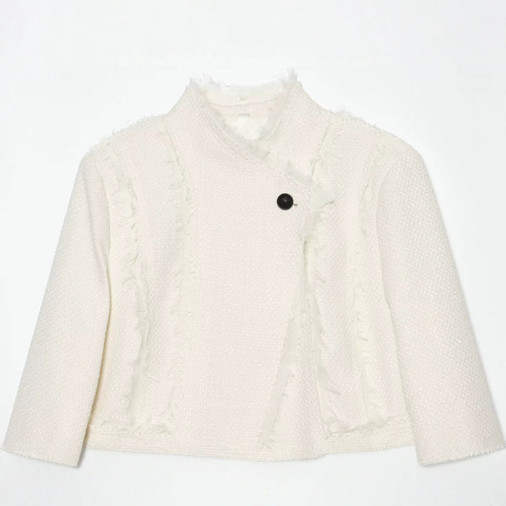 Damen Bouclé-Shortjacke mit Fransenbesatz und asymmetrischem Ein-Knopf-Verschluss Drune