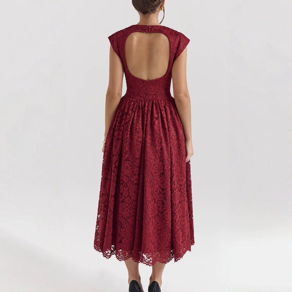 Damen Elegantes Spitzenkleid mit hochgeschlossenem Design und schwingendem Rock Drune